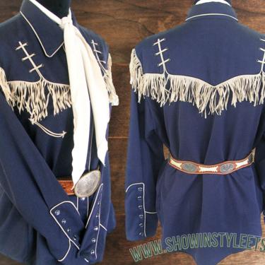 Scully Vintage Retro Western Women's Cowgirl Shirt, Rodeo Blouse, Navy Blue with Fringe & Laced Accents, Tag Size Large (see meas. photo) 