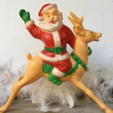 Vintage Rosen Santa On Deer Large Candy Container, No Wheels, Hard Plastic Christmas Santa Riding Reindeer, Former Pull Toy 