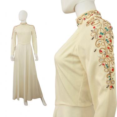 1960s Holiday Evening Gown - 1960s Ivory Gown - 1960s Rhinestone Evening Gown - 1960s Holiday Hostess Gown - Vintage Ivory Gown | Size Small 