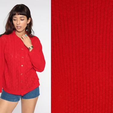 Red Cardigan Sweater 70s Pointelle Grandma Open Weave Sheer Sweater Vintage Acrylic Knit Button up Knitwear 80s Knitted Sweater Medium Large 