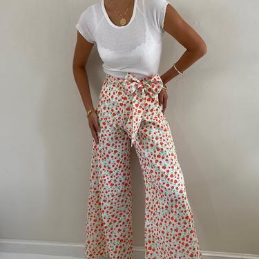 70s palazzo pants / vintage poppy floral silky crepe high waisted wide leg palazzo pants with sash belt | 
