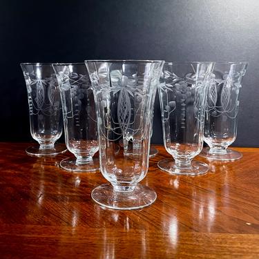 6 Large Cut Etched Optic Glass, Footed Iced Tea Glasses - Clear, Vine Dot Flower Swag design, Cottage Nouveau, 1930's, Wedding Decor 