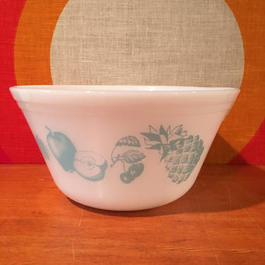 Vintage Federal Glass Fruit Fare Mixing Bowl, Turquoise Fruit Bowl, Mid Century Turquoise Federal Bowl, 1950s 9&quot; Mixing Bowl with Fruit 