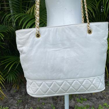 Vintage White Quilted Leather Tote Bag with Double Chain straps 