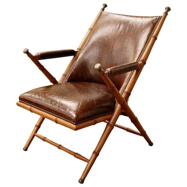 Mid Century Modern Brown Leather & Wood Safari Accent Lounge Chair 1970s 