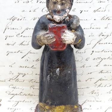 Small Antique 1800's Polychrome Santos, Saint Holding Bible, Vintage Hand Carved Religious Carving, Church Statue 