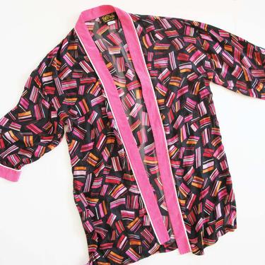 Vintage Pink Silk Robe Cardigan S M - 1980s Bob Mackie Open Front Silk Cardigan Jacket -  Geometric Shapes Striped Robe - Lounge Robe 
