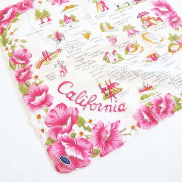 Vintage California Souvenir Kerchief - 1950s California State Map Small Handkerchief - Pink California Bandana Hankie - Housewarming Gift 