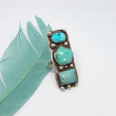 TRIPLE TROUBLE Vintage Silver &amp; 3 Turquoise Stones Flat Style Ring | Statement Ring | Native American, Navajo, Southwestern | Size 10 1/4 