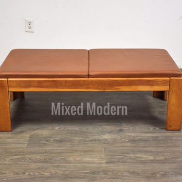 Modern Oak and Brown Leather Bench by Knoll 