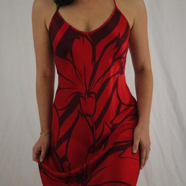 Vintage Silk Red + Maroon Floral Charmeuse Silk Full Length Slip Dress with Open Cut Out Back - XS 