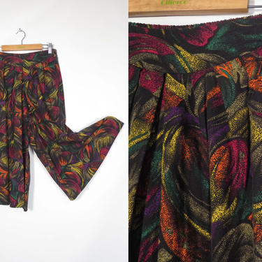 Vintage 80s/90s Abstract Print High Waist Culottes Palazzo Elastic Waist Pants With Pockets Size M 25 to 30 Waist 