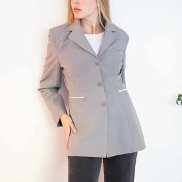 Vintage 1990s VERTIGO Paris Slate Gray Blazer with Zip Pocket Details sz S M Minimal 90s Jacket Structured Shoulders 