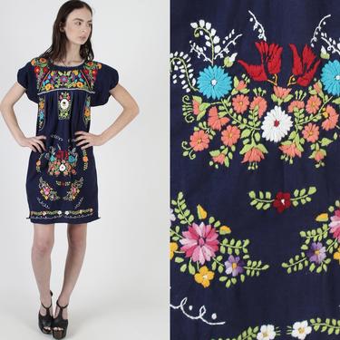 Navy Blue Cotton Mexican Dress / Hand Embroidered Festival Dress / Floral Fiesta Party Womens Coverup A Line Mini Dress 