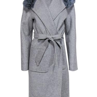 Elie Tahari - Grey Longline Belted Wool Coat w/ Fur Collar Sz M