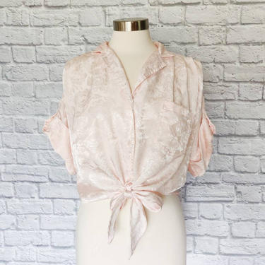 Vintage Blush Tie Front Blouse // Button-Up Pleated Silky Top 
