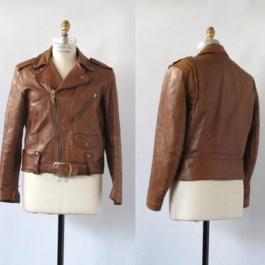 WILD ONES Vintage 70s Jacket | 1970s Just Leathers San Jose, California Brown Belted Motorcycle Jacket | Moto Biker Rocker | Mens Sz Medium 