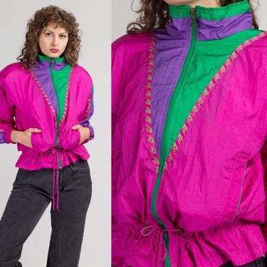 80s Pink Color Block Cropped Windbreaker - Small | Vintage Women's Cinched Waist Streetwear Geometric Trim Jacket 