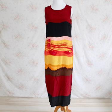 Vintage 90s Silk Dress, 1990s Tank Dress, Maxi Dress, Color Block Dress, Minimalist Dress, Sleeveless, Hipster, Abstract 