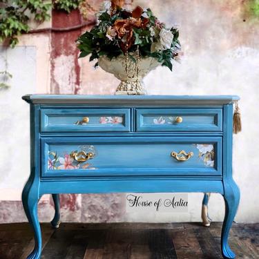 Stunning Blue Gold French Chest or Dresser. French Country Dresser. Vintage Chest. Entryway Accent Table. Boho Eclectic. 