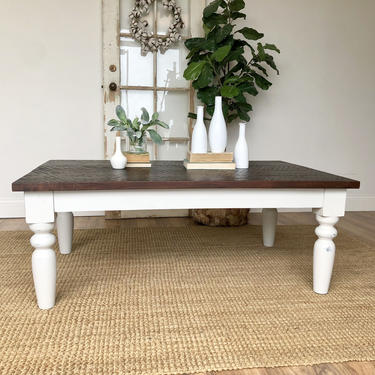 White Farmhouse Coffee Table - Rustic Distressed Wooden Furniture - Living Room Table 