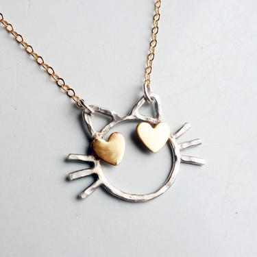Cat with Heart Eyes Necklace- Two Toned Love Cat - Handmade Sterling silver emoji cat with brass heart eyes 