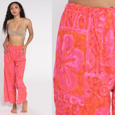 Floral Bell Bottom Pants 70s Neon Hawaiian Pants Bohemian PSYCHEDELIC Hippie Trousers High Waisted Boho Festival Hot Pink Orange Small S 