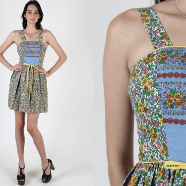 Bright Calico Floral Mini Dress / Vintage 70s Dirndl Inspired Dress / Festival Summer Lounge Waist Tie Dress 