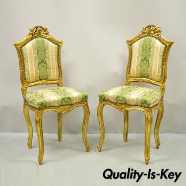 Vintage French Louis XV Style Gold Giltwood Carved Boudoir Side Chairs - a Pair