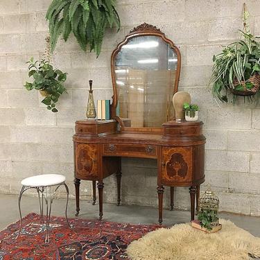 LOCAL PICKUP ONLY Antique Vanity Retro 1920s Dark Wood 5 Drawer Mirrored Beauty Table with Ornate Craved Wood Details on Castors 