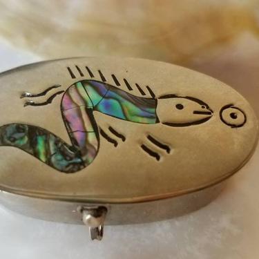 Silver box abalone shell deco with embossed snake from Mexico,1960s-1970s 
