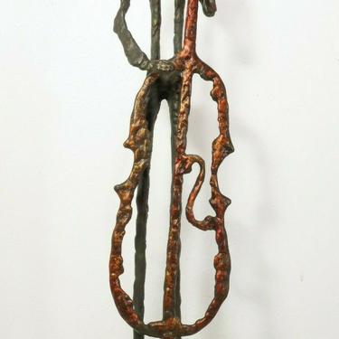 LARGE 27" Vintage GIACOMETTI STYLE BASS PLAYER ART SCULPTURE Brutalist MCM Metal