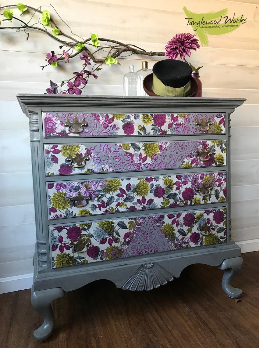 Decoupaged Violet and Grey Floral Dresser from Tanglewood Works of ...