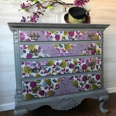 Decoupaged Violet and Grey Floral Dresser