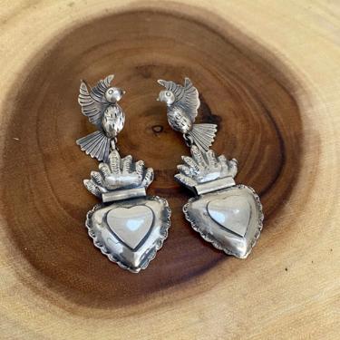 HEARTS ON FIRE Silver Federico Jimenez Earrings | Handcrafted Birds and Sacred Heart | Mexican Oaxacan Frida Kahlo Style Jewelry, Folk Boho 