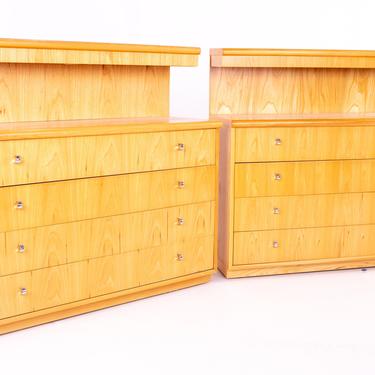 Jack Cartwright for Founders Mid Century Lighted Blonde Maple 4 Drawer Low Dresser Chest - Pair 