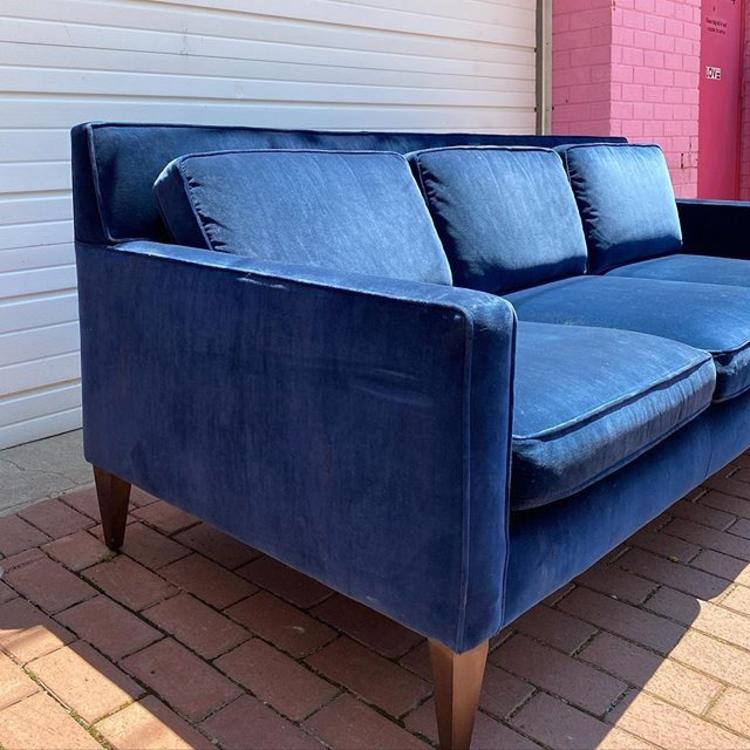 ✨ Crate and Barrel 3 seater Blue Velvet modern sofa/ couch 86” long / 36.5” deep / 33.5” height (back) / 24.5” height 