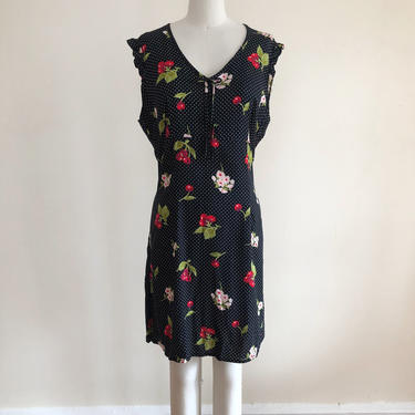 Black, Cherry and Floral Print Mini- Dress - Late 1990s/Early 2000s 