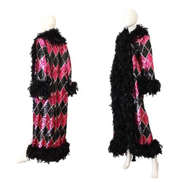 1970s Black & Pink Sequin Harlequin Dressing Robe - Vintage Sequin Dressing Robe - Vintage Feather Dressing Robe | Size Medium / Large 