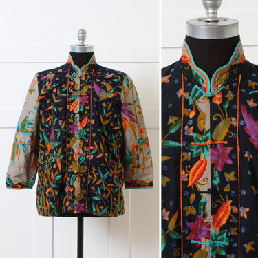 vintage colorful quilted jacket • bohemian handmade festival jacket • bright birds and foliage 