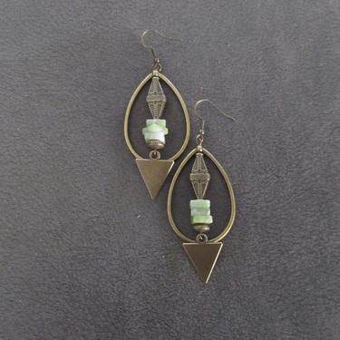 Bronze hoop earrings, bohemian earrings, rustic boho earrings, artisan ethnic earrings, tear drop hoop earrings, green jadeite earrings 