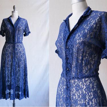 Vintage 50s L'Aiglon Blue Lace Dress/ 1950s Sheer Short Sleeve Button Up Day Dress/ Size Small 