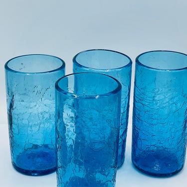 Vintage Pretty Set of (4) Aqua Marine Blue Tumbler glasses - Crackle Glass Recycled Glass 