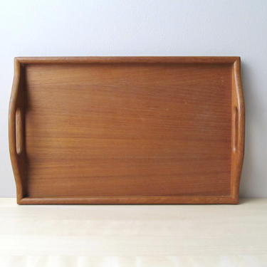 vintage teak wood tray with handles - large rectangular serving tray 