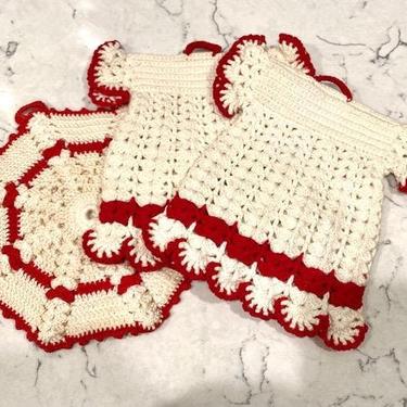 3 Vintage Red and Cream Handmade Crochet Little Dress Design Potholders, Antique Hand Made Crochet Pot Handle Holder by LeChalet