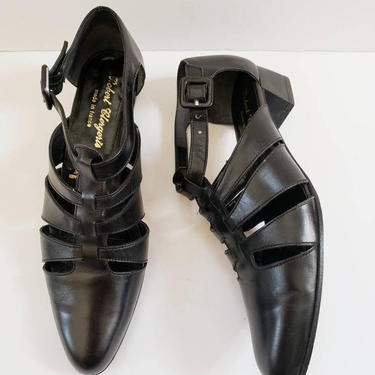 1990s Robert Clergerie Black Leather Sandals shoes / 90s Designer Sandals Side Cut Outs in Original Box / 6.5 