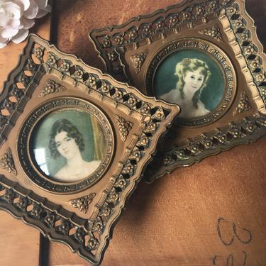 Cameo Creations diamond framed ladies - a pair - 1960s gold rococo accent art 