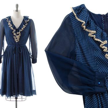 Vintage 1970s Dress | 70s Polka Dot Navy Blue Cotton Ruffled Crochet Sheer Chiffon Bishop Sleeve Full Skirt Day Dress (medium) 