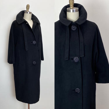 Vintage 1950s Cashmere Coat 50s Black Winter Coat Size Large 