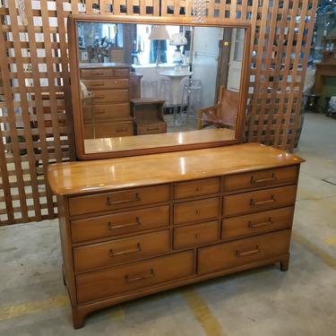 Mid Century Pecan Wood Dresser with Mirror by Unique Furniture Makers